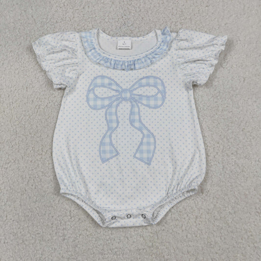 Baby Girls Short Sleeve Blue Polka Dots Bows Ruffle Rompers