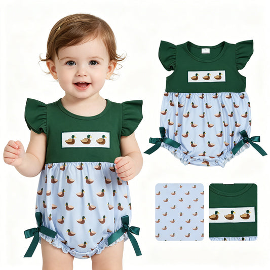 Embroidery Ducks Baby Girls Green Flutter Sleeve Hunting Ruffle Rompers