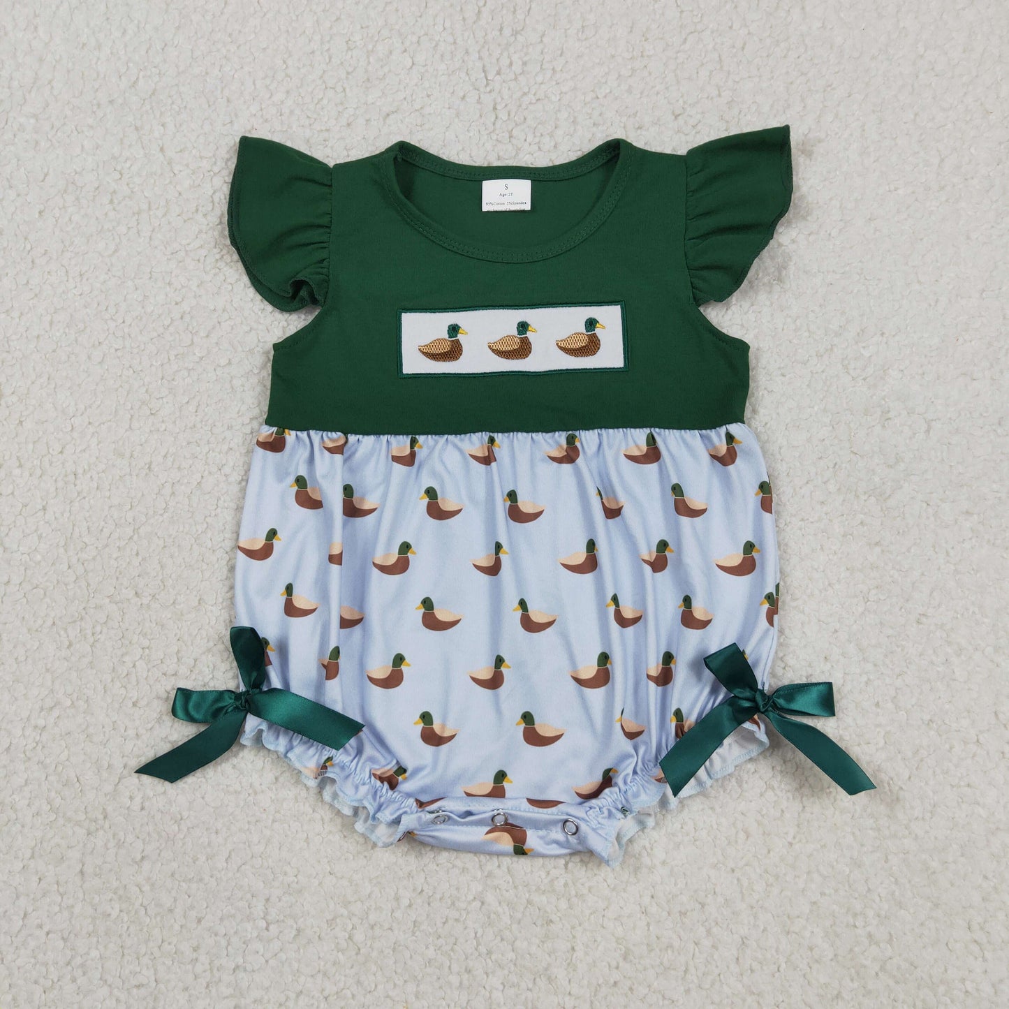 Embroidery Ducks Baby Girls Green Flutter Sleeve Hunting Ruffle Rompers