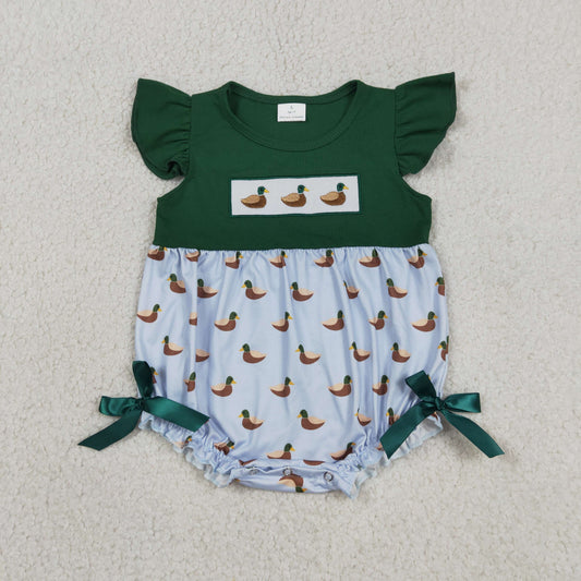 Embroidery Ducks Baby Girls Green Flutter Sleeve Hunting Ruffle Rompers