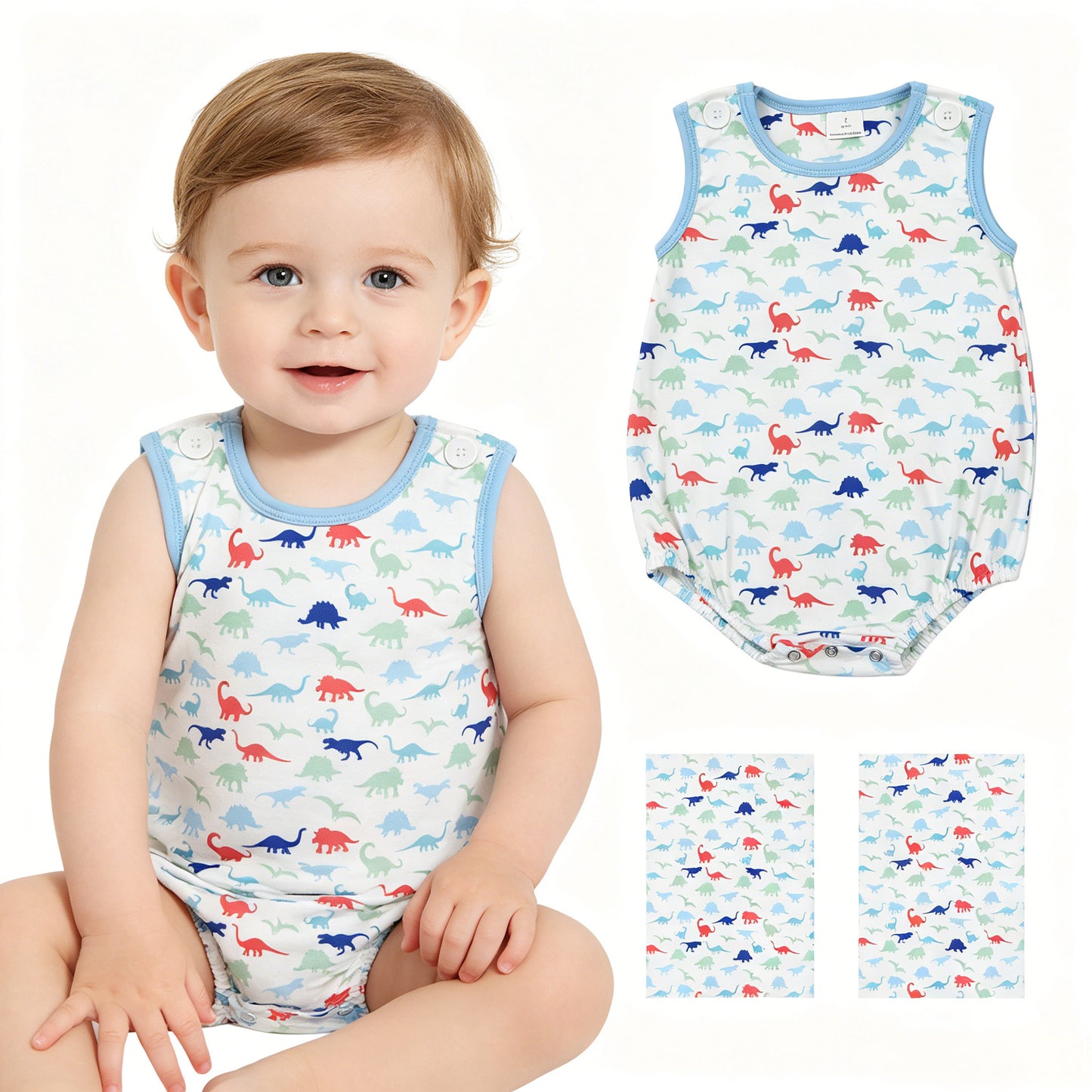 Baby Boys Sleeveless Dinosaurs Plaid Rompers