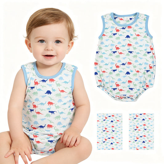 Baby Boys Sleeveless Dinosaurs Plaid Rompers