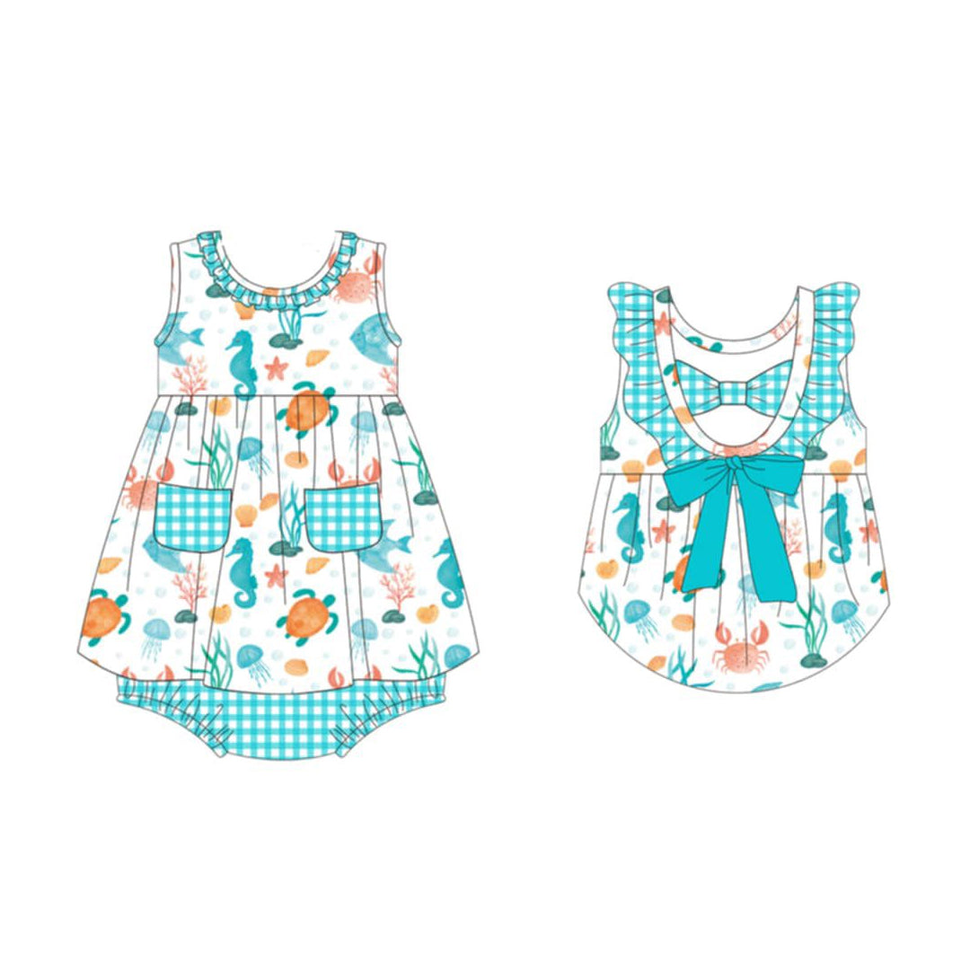 Baby Girls Sleeveless Tortoise Fishes Pockets Tunic Bummies Rompers Preorder