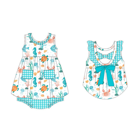 Baby Girls Sleeveless Tortoise Fishes Pockets Tunic Bummies Rompers Preorder