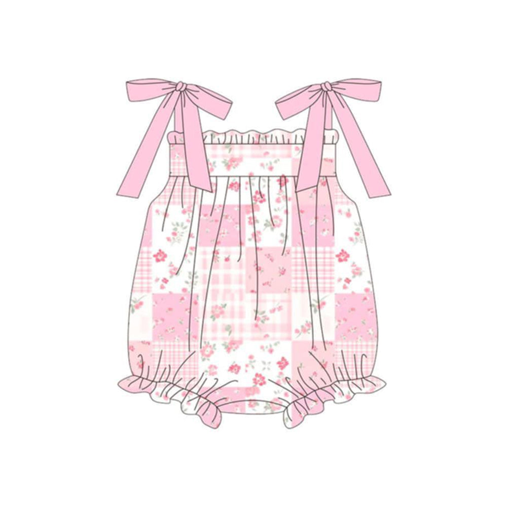 Baby Girls Pink Strap Flowers Checked Ruffle Rompers Preorder