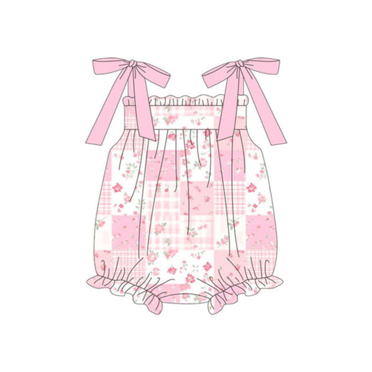 Baby Girls Pink Strap Flowers Checked Ruffle Rompers Preorder