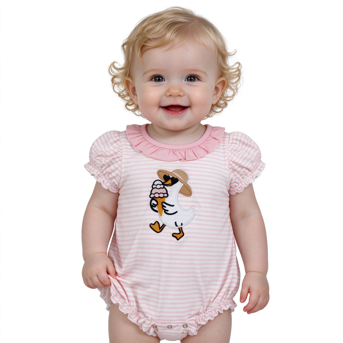 Embroidery Ice Cream Gooses Baby Girls Pink Stripe Ruffle Rompers