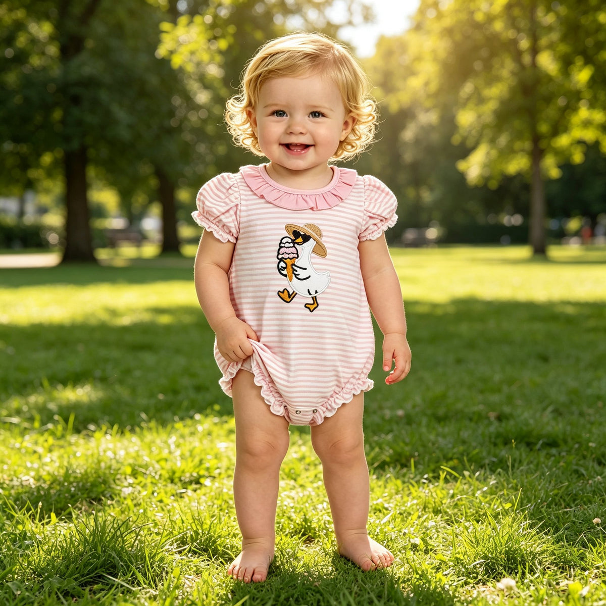 Embroidery Ice Cream Gooses Baby Girls Pink Stripe Ruffle Rompers