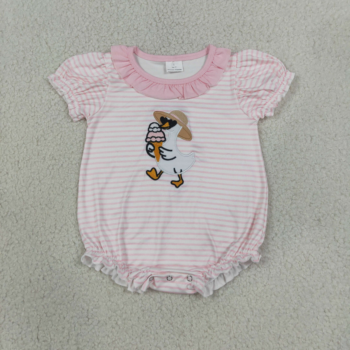Embroidery Ice Cream Gooses Baby Girls Pink Stripe Ruffle Rompers