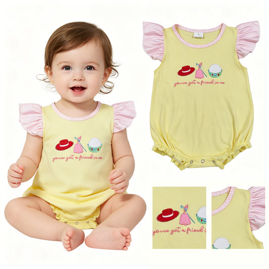 Embroidery Hats Dress Got a Friend Baby Girls Flutter Sleeve Cartoon Ruffle Rompers