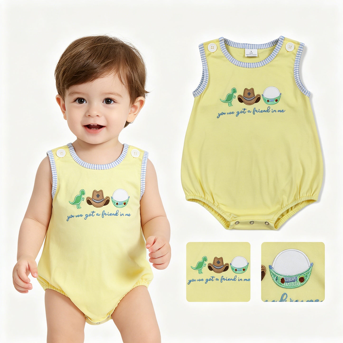 Embroidery Hats Dinosaurs Got a Friend Baby Boys Sleeveless Cartoon Rompers