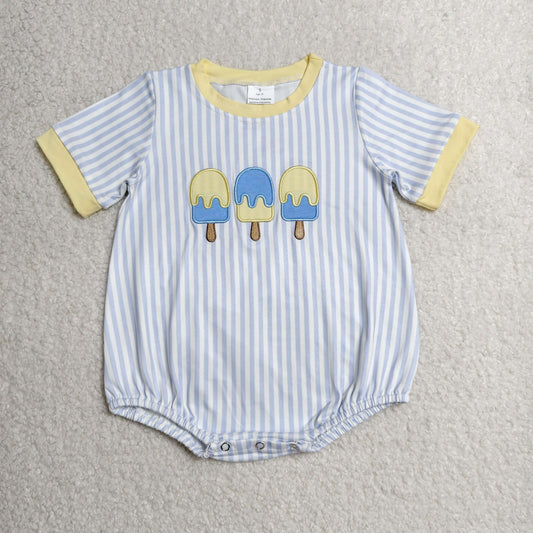 Embroidery Popsicle Baby Boys Short Sleeve Blue Stripe Rompers