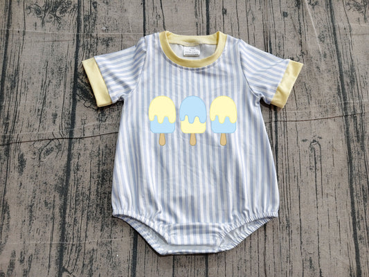 Embroidery Popsicle Baby Boys Short Sleeve Blue Stripe Rompers Preorder