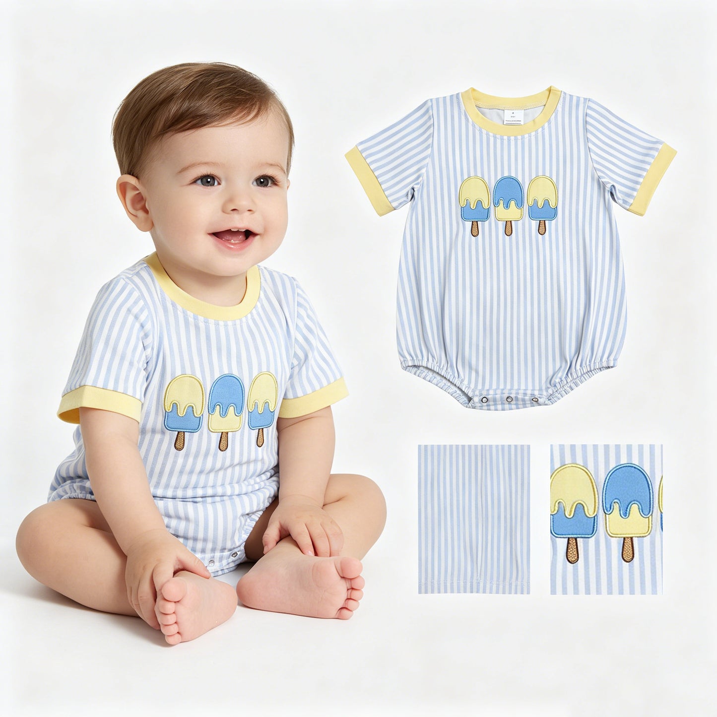 Embroidery Popsicle Baby Boys Short Sleeve Blue Stripe Rompers