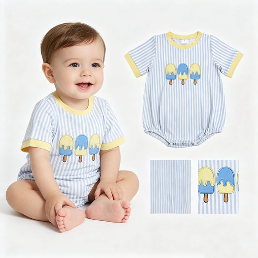 Embroidery Popsicle Baby Boys Short Sleeve Blue Stripe Rompers