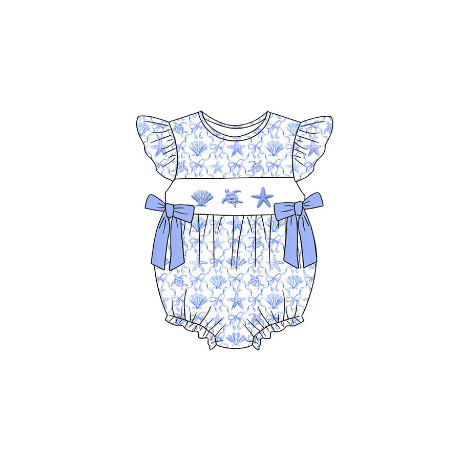 Baby Girls Flutter Sleeve Shell Starfish Bows Checked Ruffle Rompers Preorder