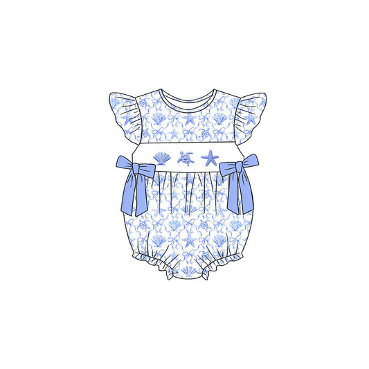 Baby Girls Flutter Sleeve Shell Starfish Bows Checked Ruffle Rompers Preorder