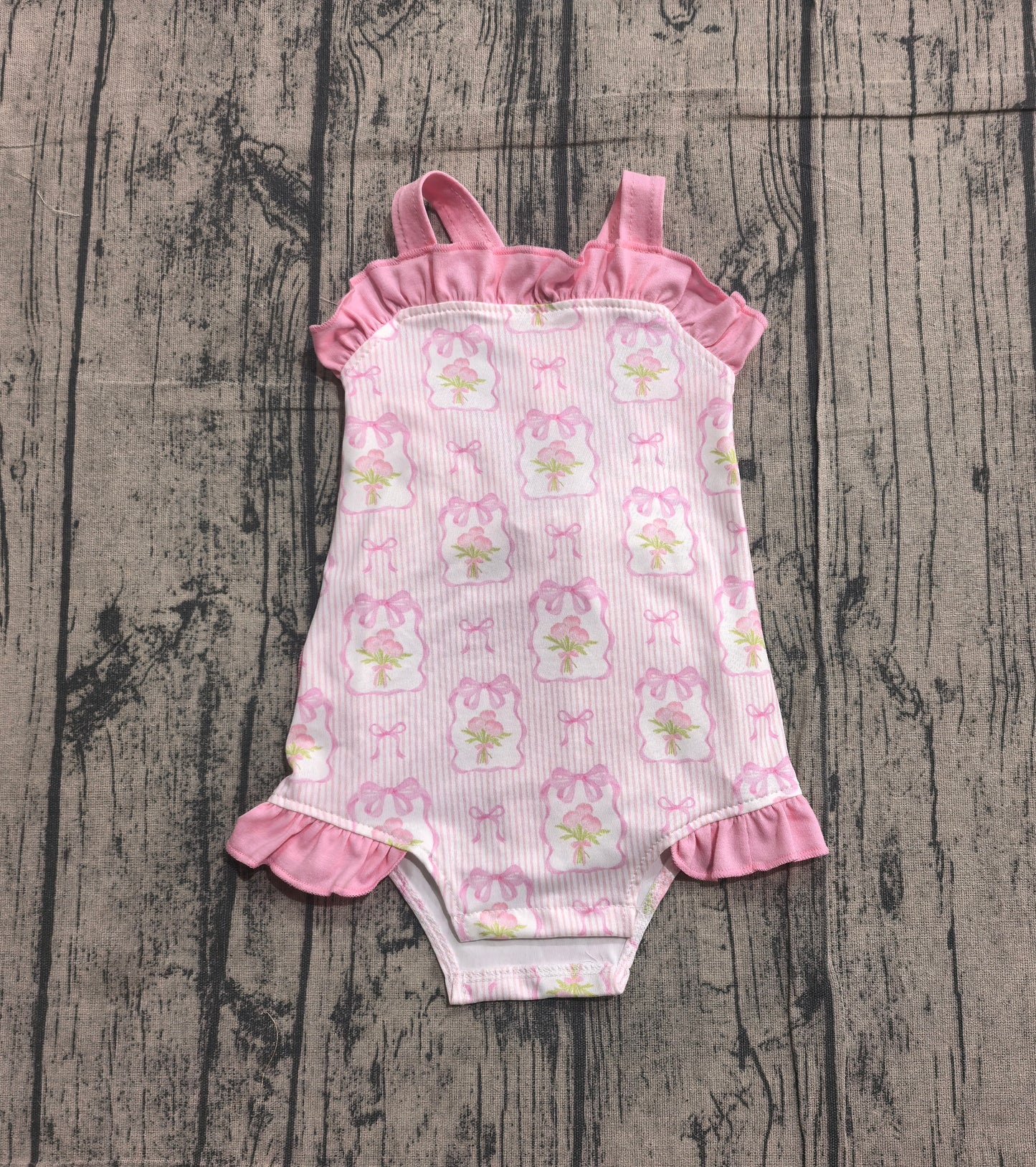 Baby Girls Pink Strap Flowers Back Bows Ruffle Rompers Preorder