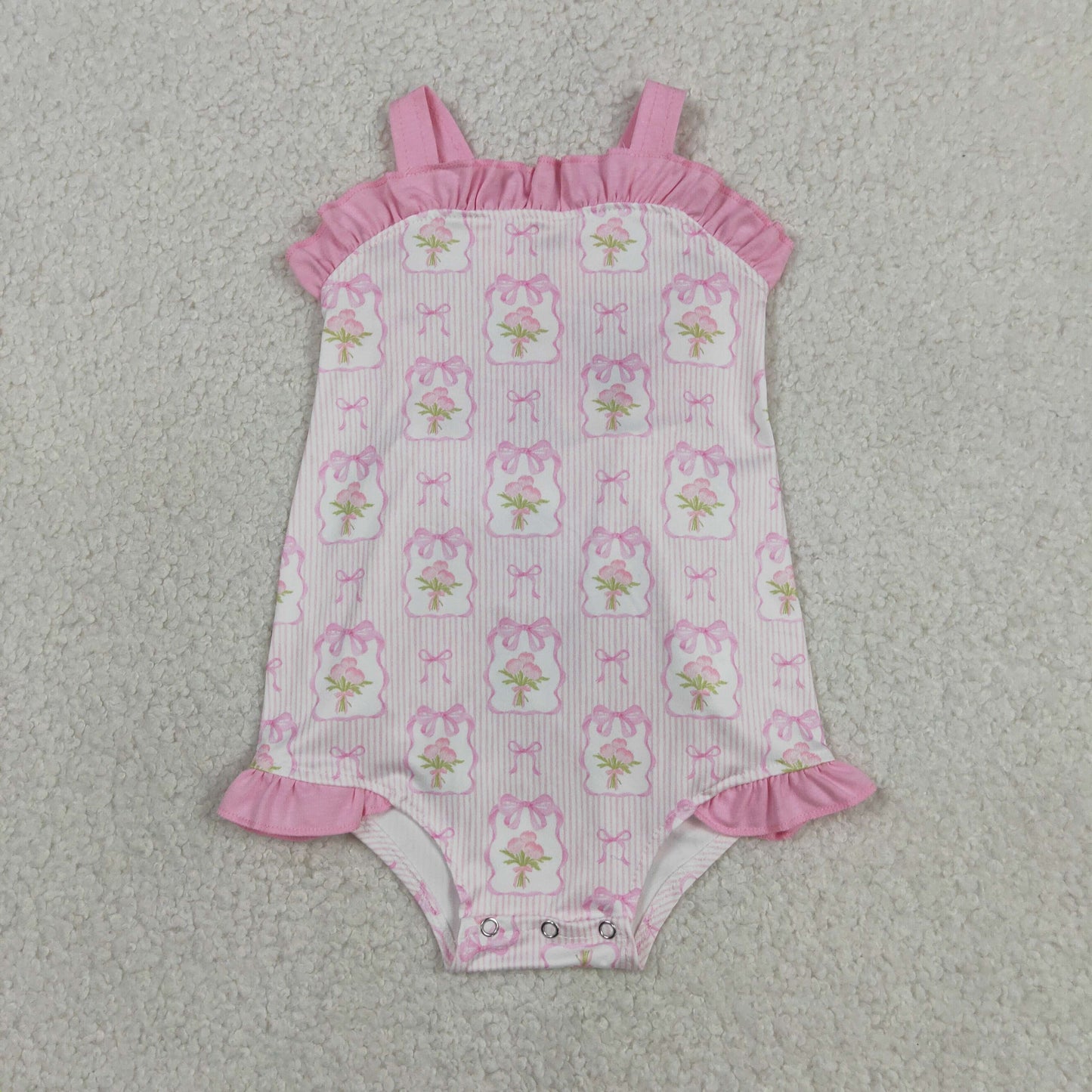 Sibling Baby Girls Strap Bows Flowers Back Bows Ruffle Rompers