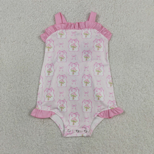 Sibling Baby Girls Strap Bows Flowers Back Bows Ruffle Rompers