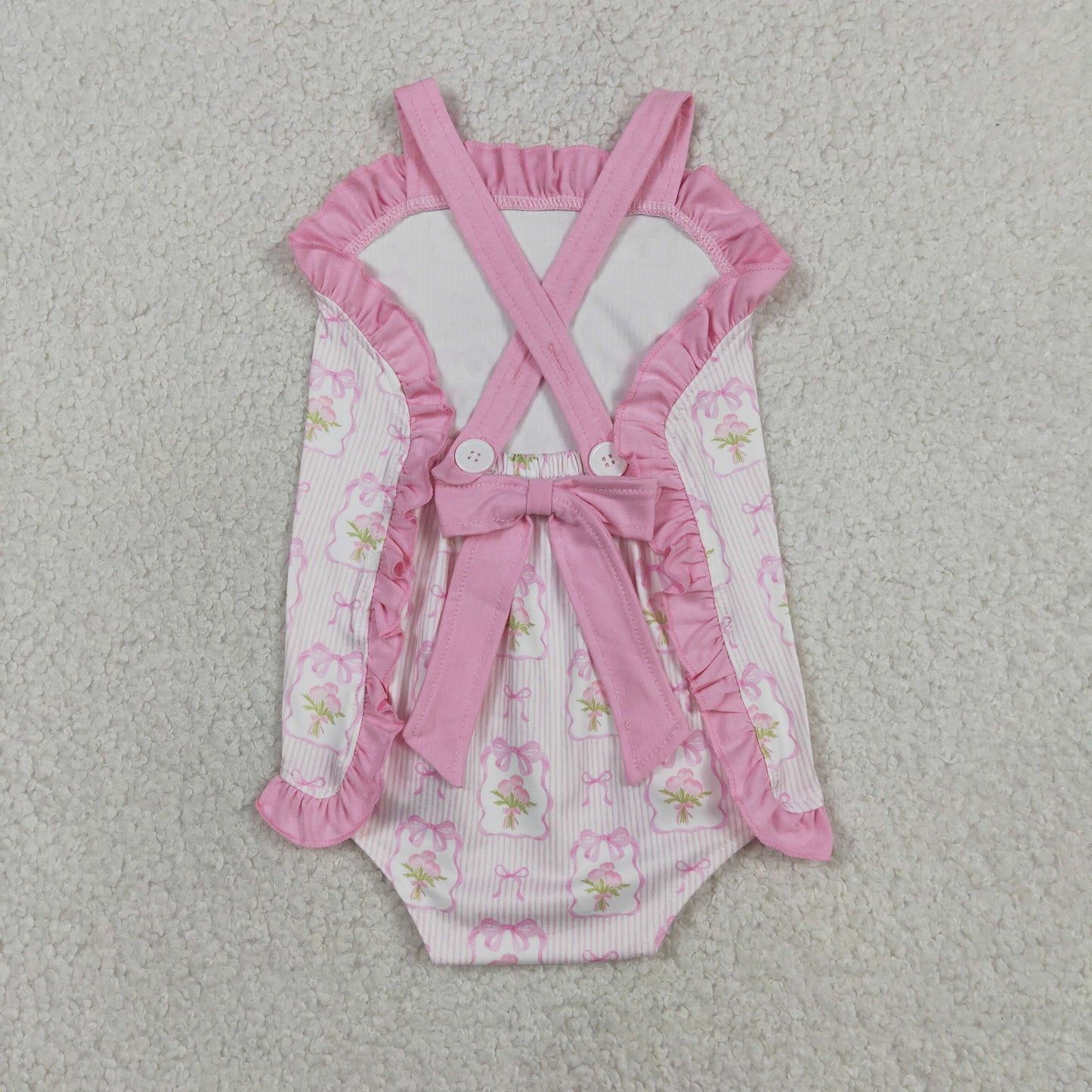 Baby Girls Pink Strap Flowers Back Bows Ruffle Rompers Preorder