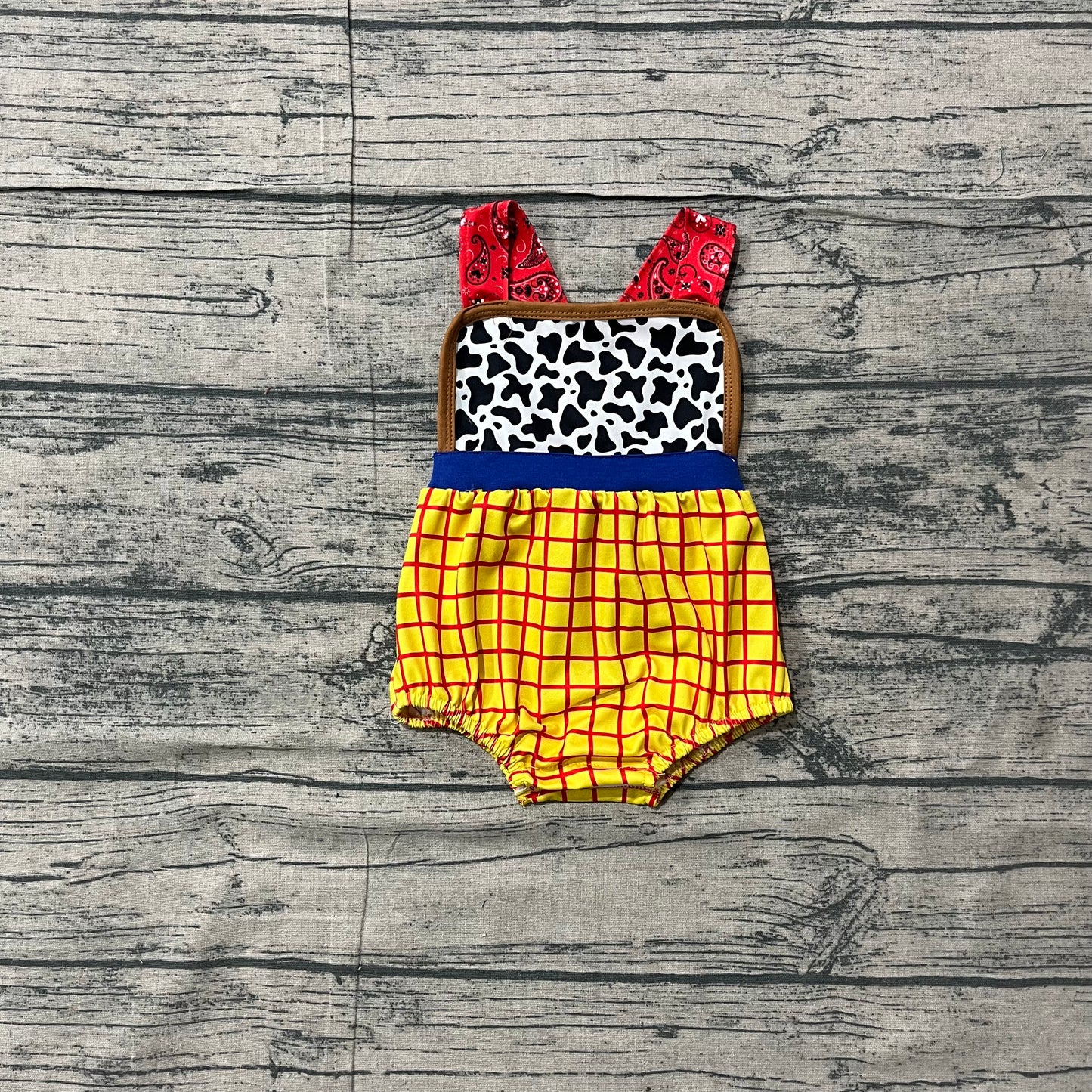 Baby Boys Strap Cartoon Cow Print Yellow Checked Rompers