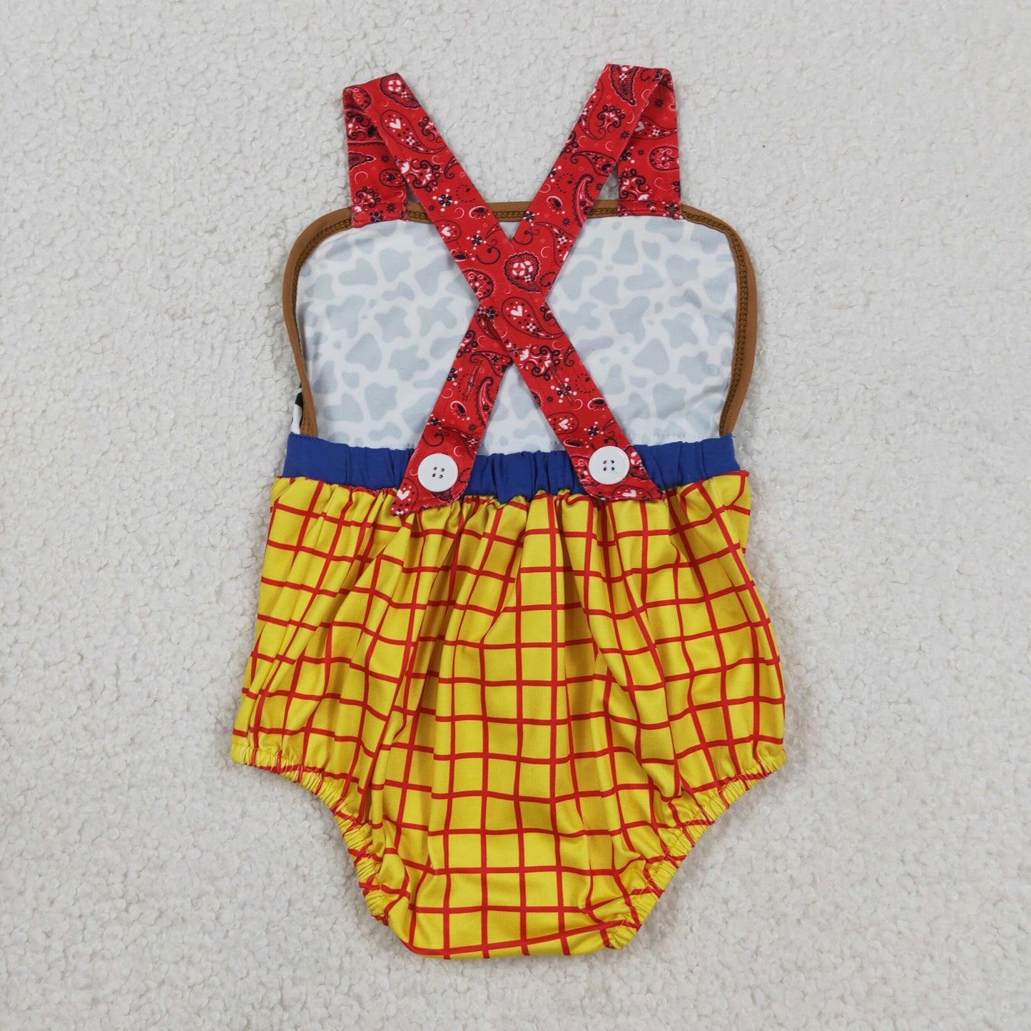 Baby Boys Strap Cartoon Cow Print Yellow Checked Rompers