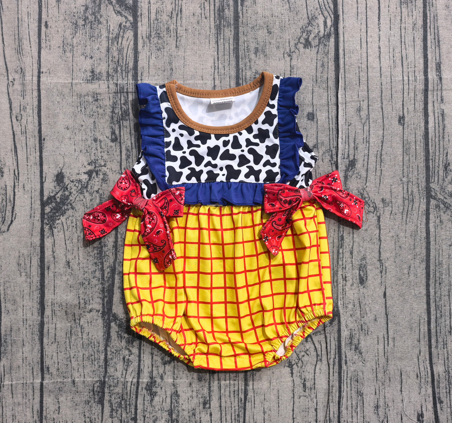 Baby Girls Sleeveless Cow Print Yellow Checked Ruffle Rompers
