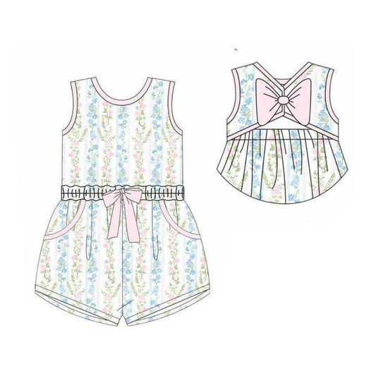 Baby Girls Colorful Floral Stripe Back Bow Pockets Shorts Jumpsuits Preorder