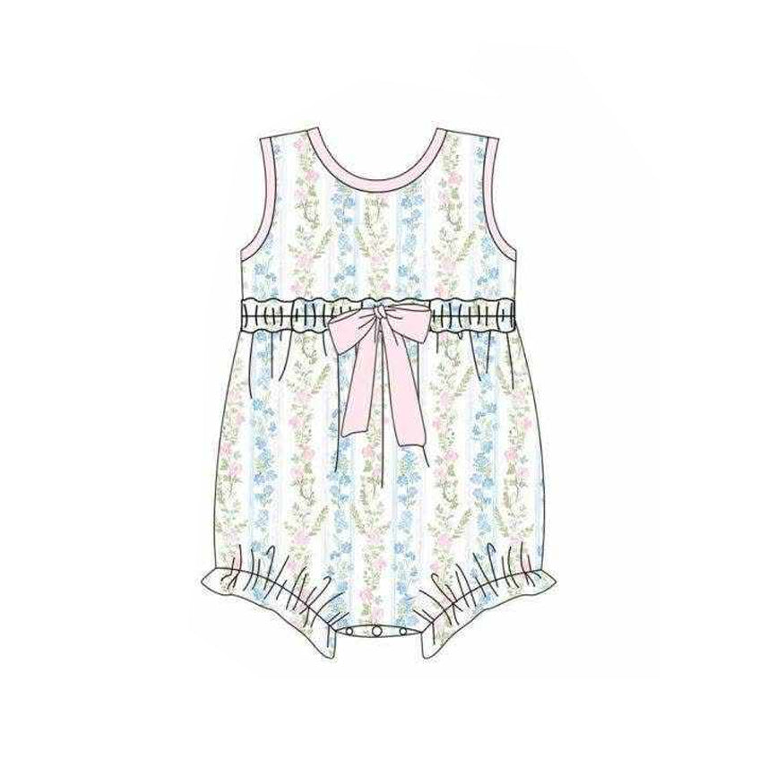 Baby Girls Sleeveless Colorful Flowers Stripe Ruffle Rompers Preorder