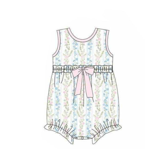 Baby Girls Sleeveless Colorful Flowers Stripe Ruffle Rompers Preorder