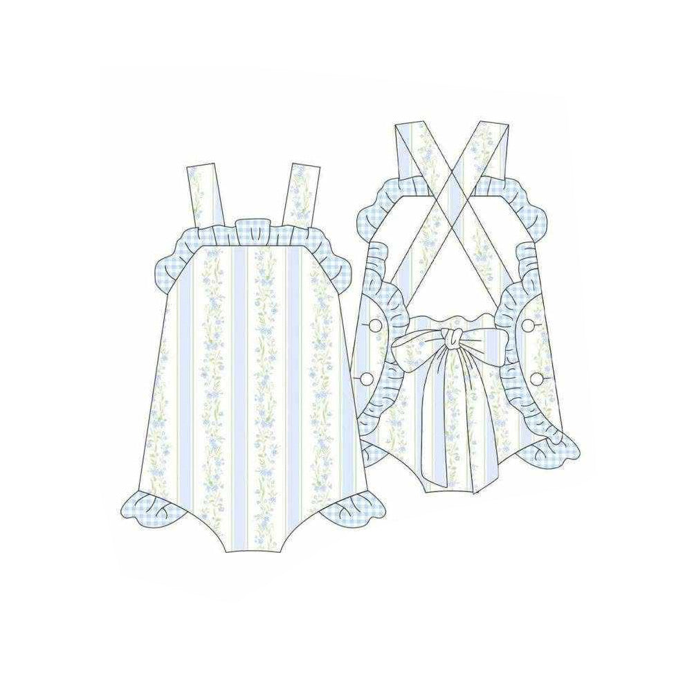 Baby Girls Strap Blue Flowers Stripe Back Bow Ruffle Rompers Preorder