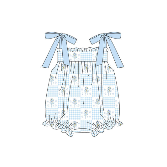 Baby Girls Strap Blue Flowers Checked Ruffle Rompers Preorder