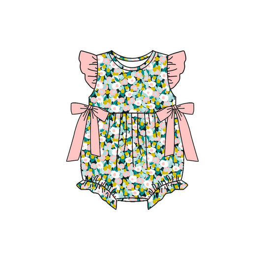 Baby Girls Flutter Sleeve Colorful Flowers Ruffle Rompers Preorder