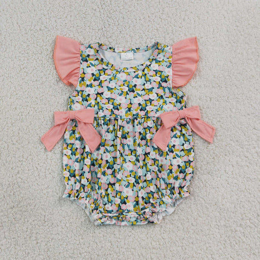 Baby Girls Flutter Sleeve Colorful Flowers Ruffle Rompers