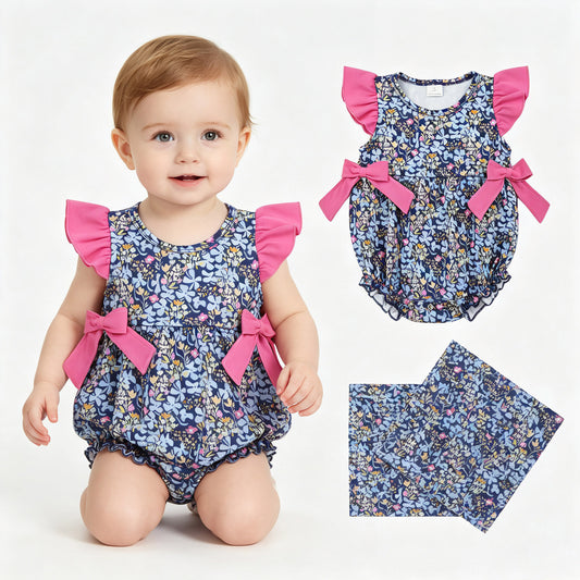 Baby Girls Flutter Sleeve Colorful Flowers Ruffle Rompers