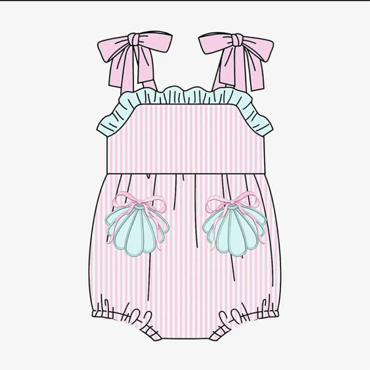 Baby Girls Strap Pink Stripe Bows Pockets Ruffle Rompers Preorder