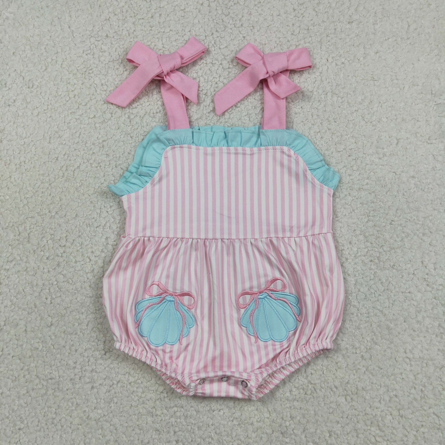 Embroidery Shell Pockets Baby Girls Strap Pink Stripe Ruffle Rompers