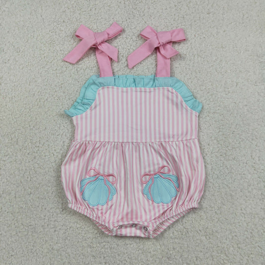 Embroidery Shell Pockets Baby Girls Strap Pink Stripe Ruffle Rompers