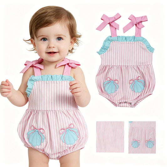 Embroidery Shell Pockets Baby Girls Strap Pink Stripe Ruffle Rompers