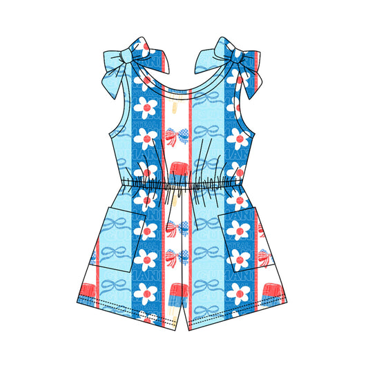 Baby Girls Sleeveless Flag Bows Flowers 4th of July Pockets Jumpsuits Preorder