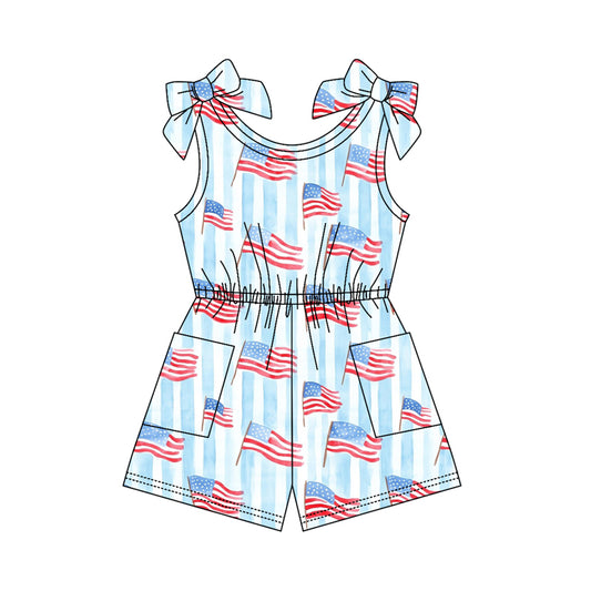 Baby Girls Sleeveless Blue Stripe Flags 4th of July Pockets Jumpsuits Preorder