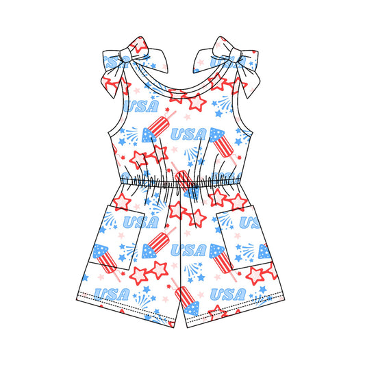 Baby Girls Sleeveless USA Fireworks 4th of July Pockets Jumpsuits Preorder