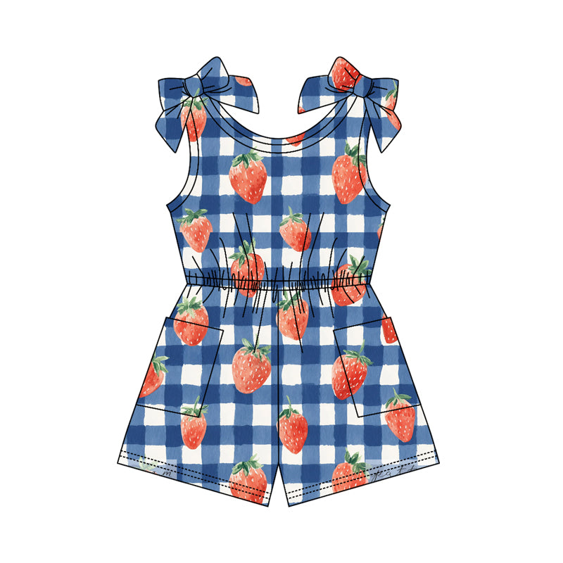 Baby Girls Sleeveless Strawberry Checked 4th of July Pockets Jumpsuits Preorder