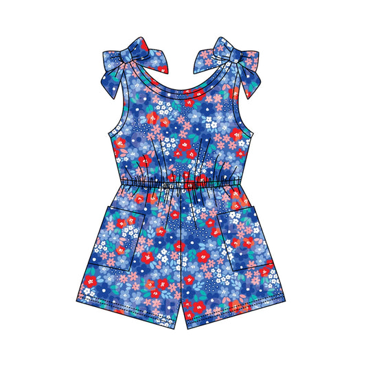 Baby Girls Sleeveless Colorful Small Flowers 4th of July Pockets Jumpsuits Preorder