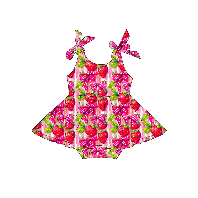 Baby Girls Strap Bows Strawberry Tunic Ruffle Rompers Preorder