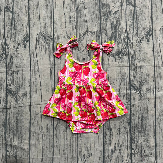 Baby Girls Strap Bows Strawberry Tunic Ruffle Rompers Preorder