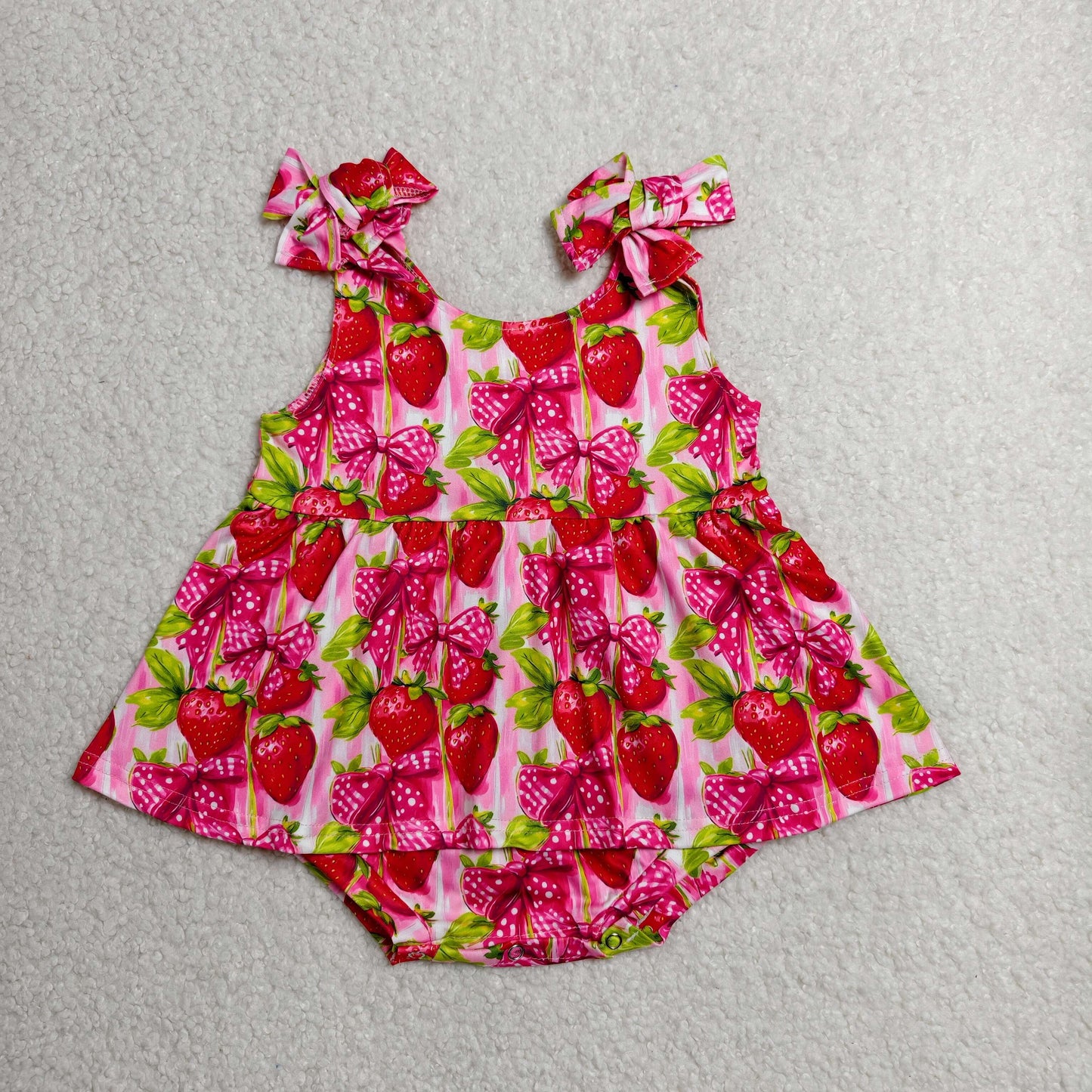 Sibling Baby Girls Bows Strawberry Strap Ruffle Knee Length Dress Tunic Bummies Rompers