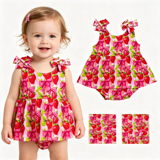 Baby Girls Strap Bows Strawberry Tunic Ruffle Rompers