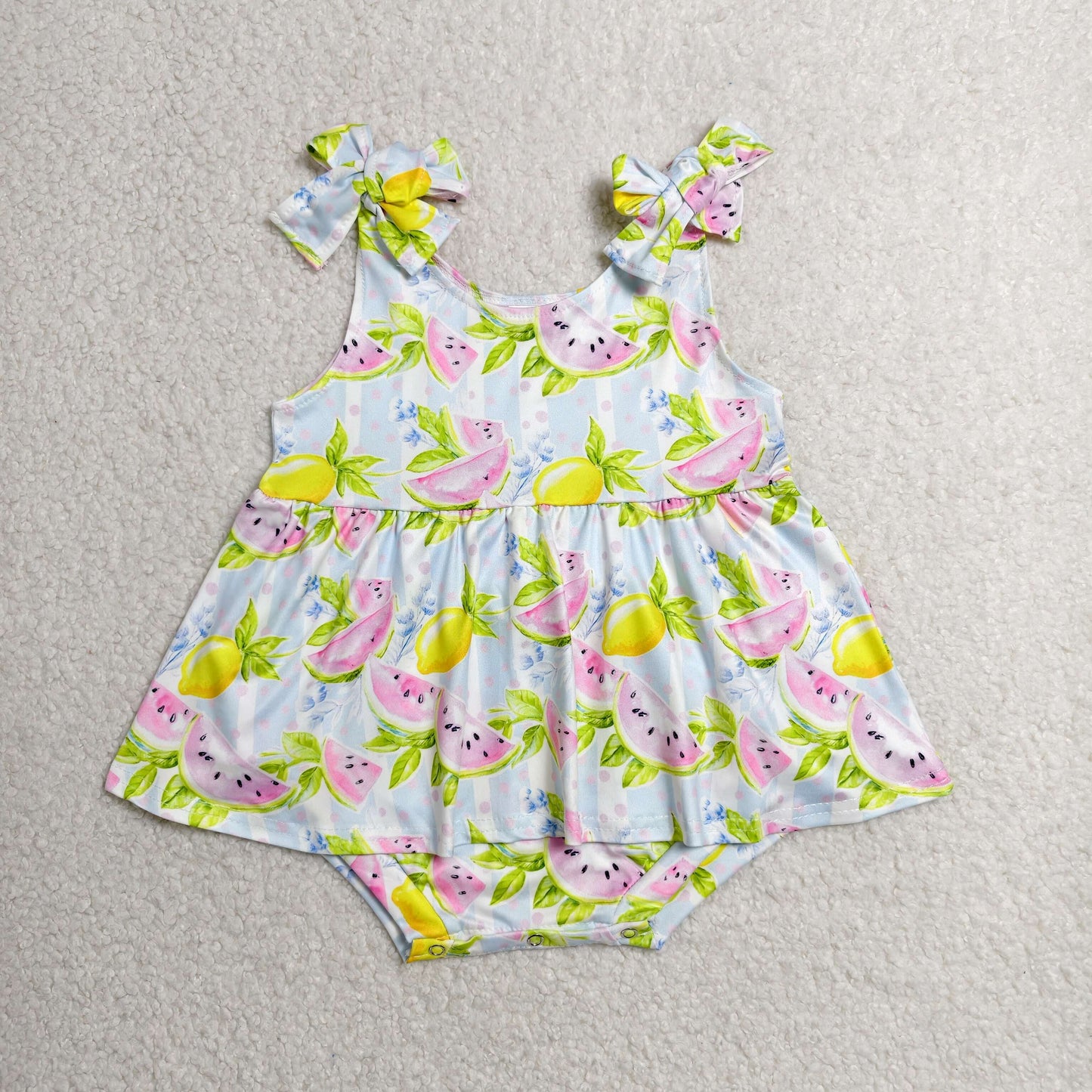 Sibling Baby Girls Lemons Watermelons Strap Ruffle Knee Length Dress Tunic Bummies Rompers